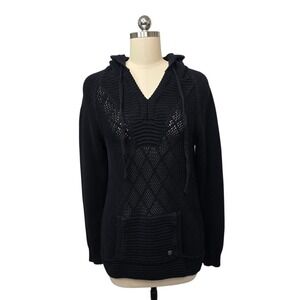 Prana Black Knit Hoodie Sweater V Neck Pullover Pouch Pocket Women's Medium